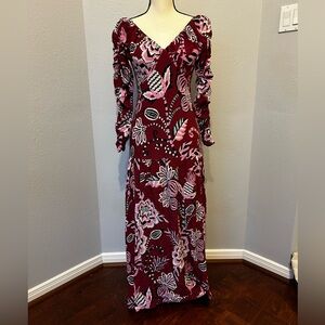 FARM Rio Burgundy and Pink Floral V-Neck Maxi with Long Sleeves